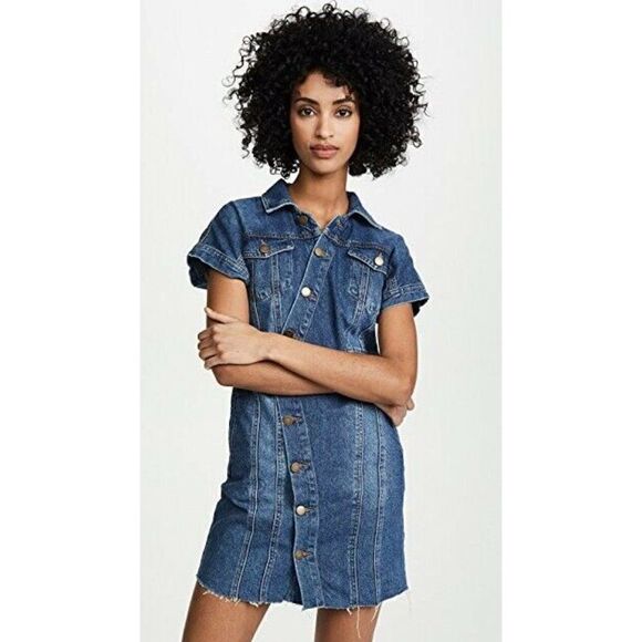 FREE PEOPLE XS DENIM CITY ASYMMETRICAL BUTTON RAW HEM MINI SHIRT DRESS BLUE - Picture 7 of 11